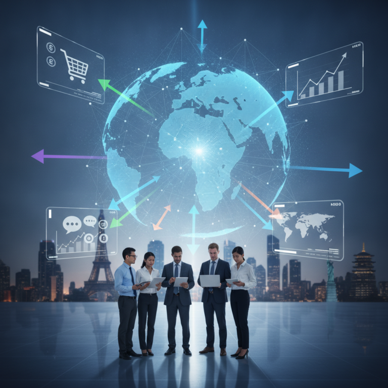 Business team beneath digital globe showing global market connections