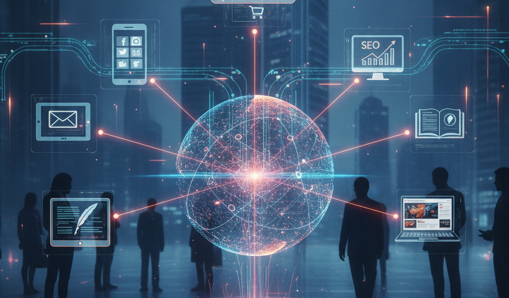 Digital marketing network visualised as a glowing global data sphere