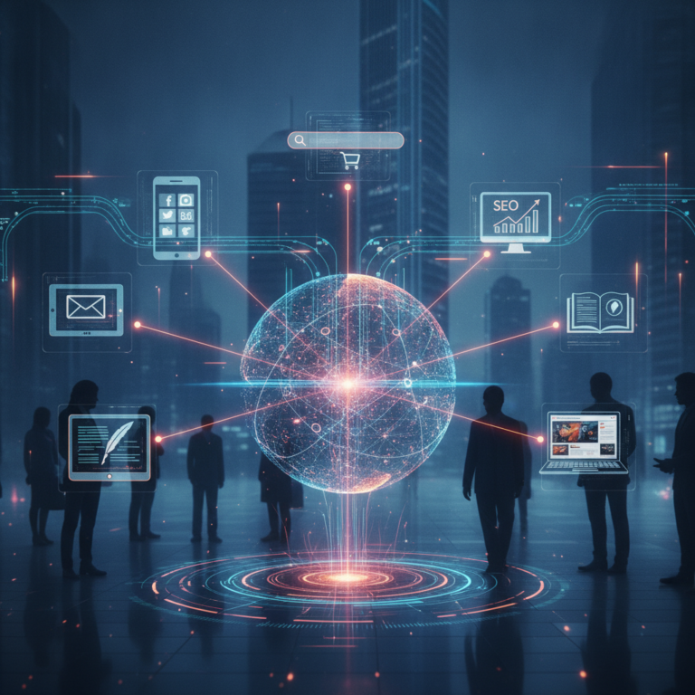 Digital marketing network visualised as a glowing global data sphere