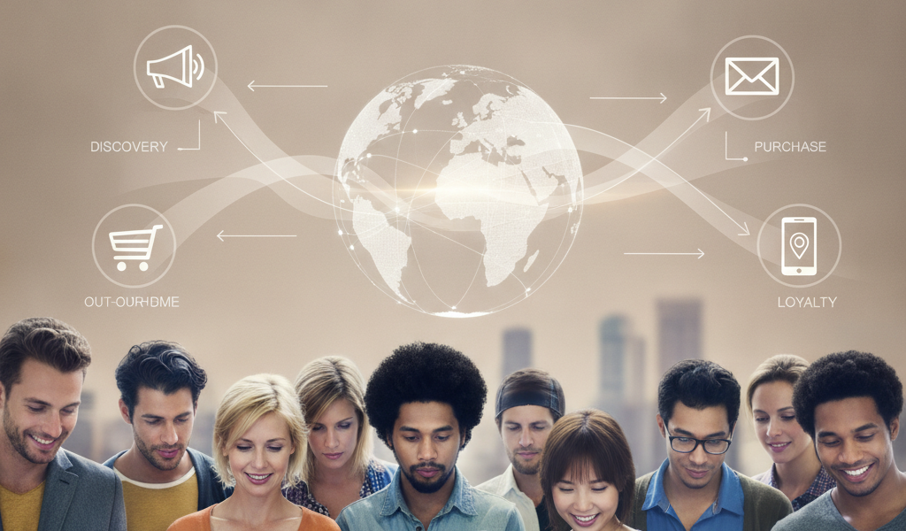 Diverse people using tablets beneath cross-channel marketing infographic