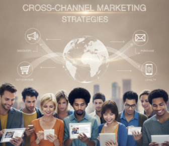 Diverse people using tablets beneath cross-channel marketing infographic