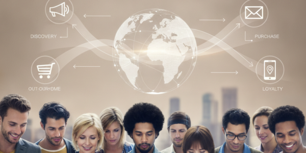Diverse people using tablets beneath cross-channel marketing infographic