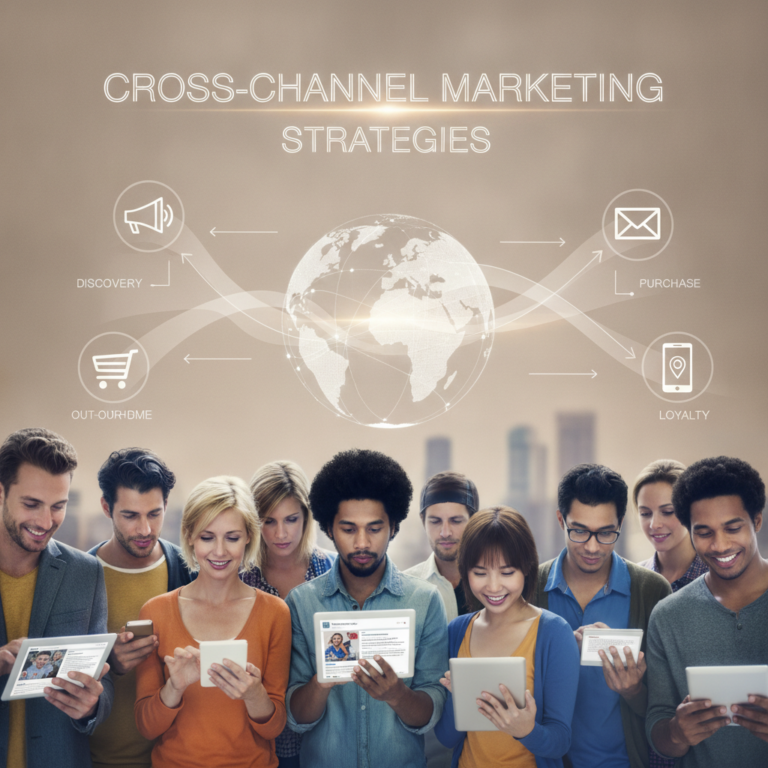 Diverse people using tablets beneath cross-channel marketing infographic