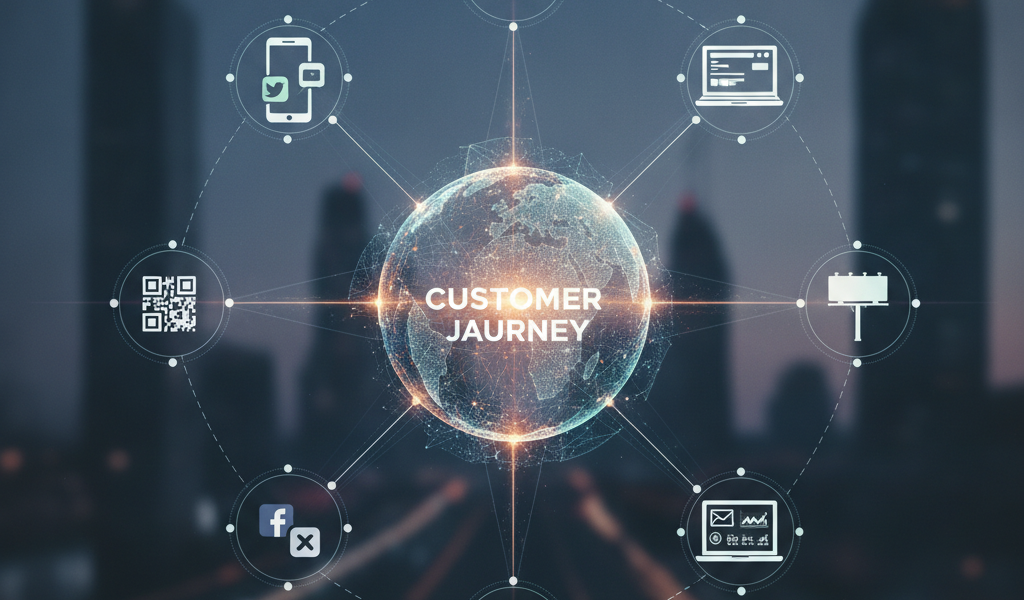 Customer journey diagram linking digital marketing channels around globe