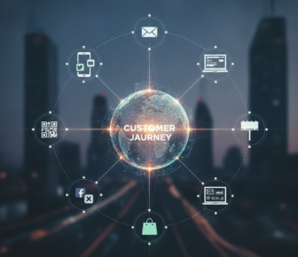 Customer journey diagram linking digital marketing channels around globe