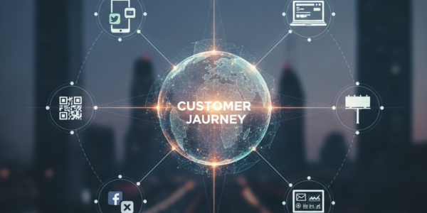 Customer journey diagram linking digital marketing channels around globe