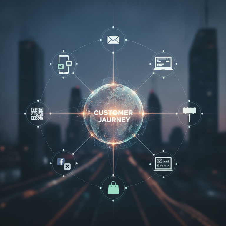 Customer journey diagram linking digital marketing channels around globe