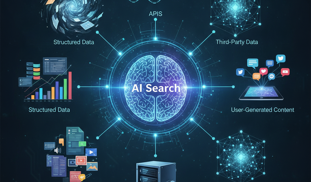 AI search diagram showing diverse data sources and knowledge graphs