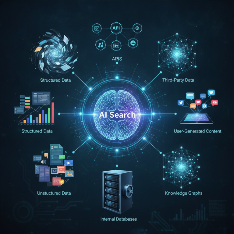 AI search diagram showing diverse data sources and knowledge graphs