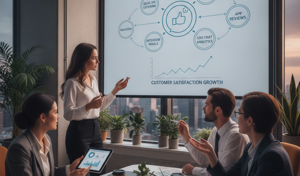 Team reviewing customer satisfaction growth presentation in office