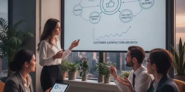 Team reviewing customer satisfaction growth presentation in office