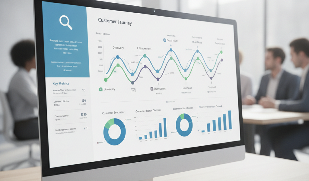 Computer displaying customer journey analytics dashboard in office