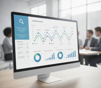 Computer displaying customer journey analytics dashboard in office