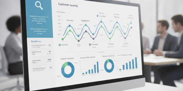 Computer displaying customer journey analytics dashboard in office