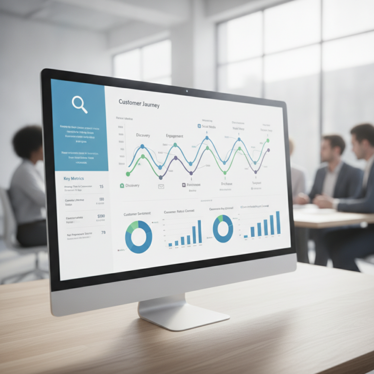 Computer displaying customer journey analytics dashboard in office