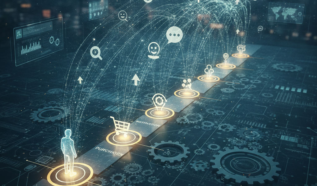 Digital customer journey map with social media and purchase icons