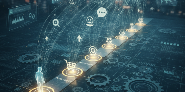 Digital customer journey map with social media and purchase icons