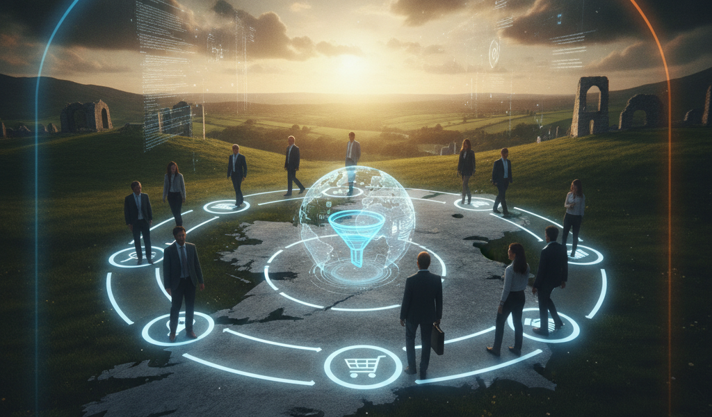Digital customer lifecycle infographic with marketers around a glowing globe