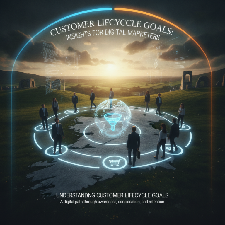 Digital customer lifecycle infographic with marketers around a glowing globe