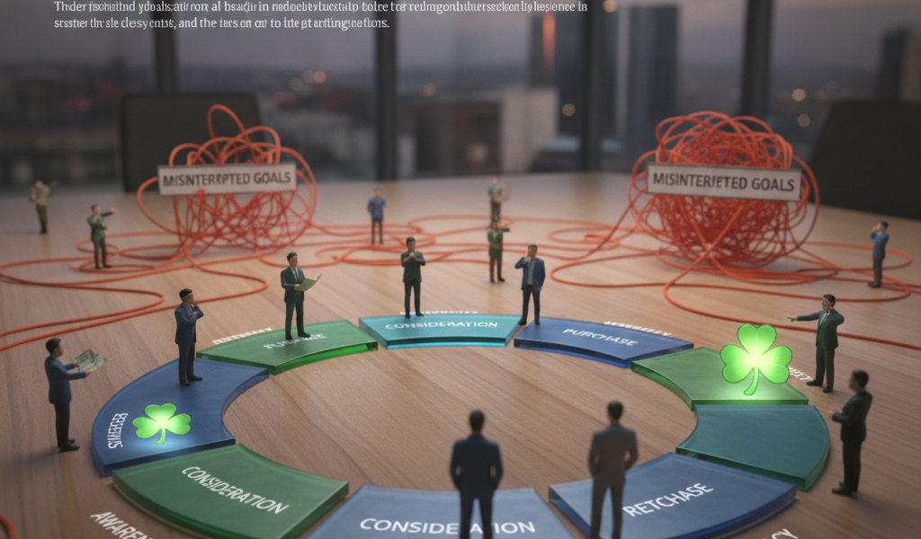 Customer lifecycle diagram with misinterpreted goals and marketing stages