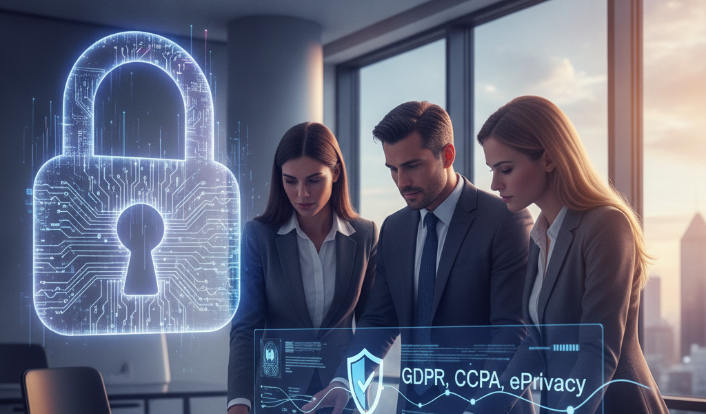 Marketers reviewing data privacy compliance dashboard with digital padlock
