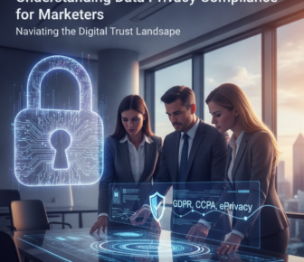 Marketers reviewing data privacy compliance dashboard with digital padlock