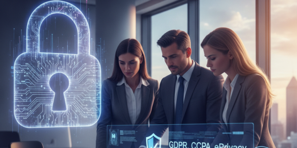 Marketers reviewing data privacy compliance dashboard with digital padlock