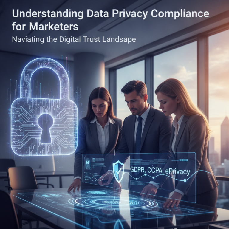 Marketers reviewing data privacy compliance dashboard with digital padlock