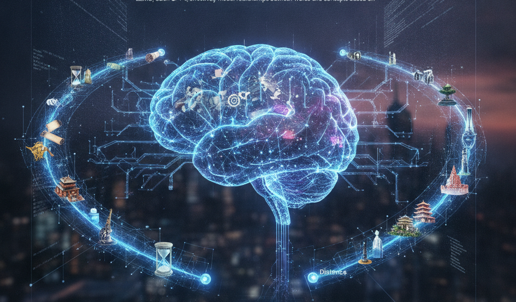 Glowing digital brain visualising time and distance in LLMs