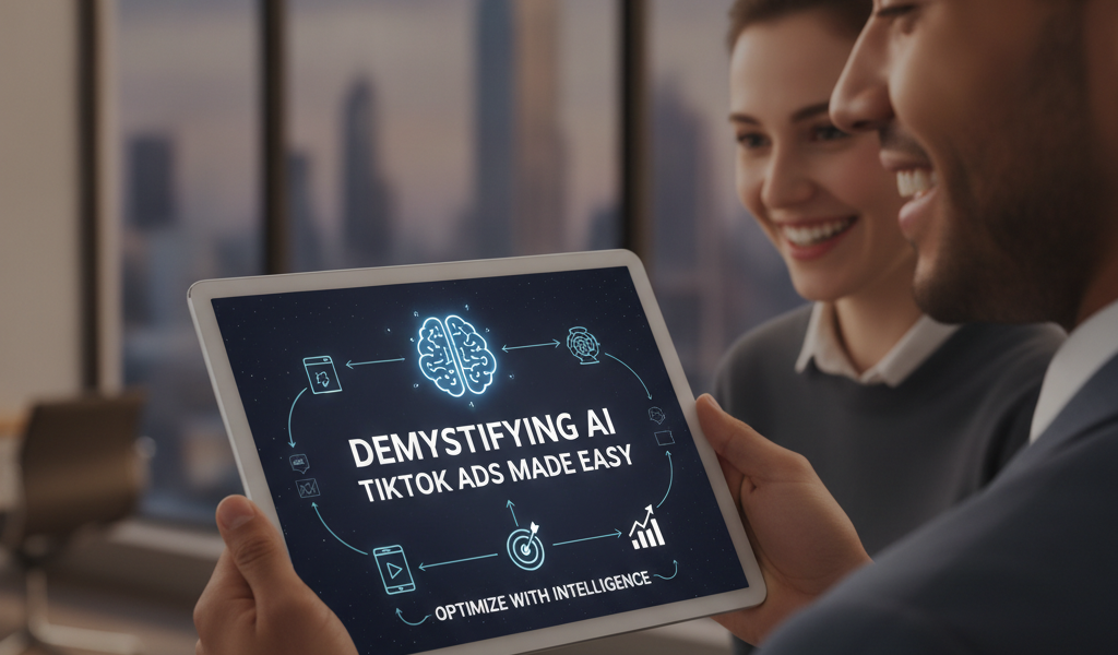Colleagues viewing tablet displaying AI TikTok advertising guide