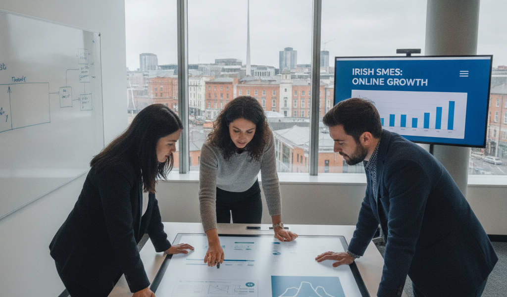 Three professionals reviewing Irish SME growth data on touchscreen table