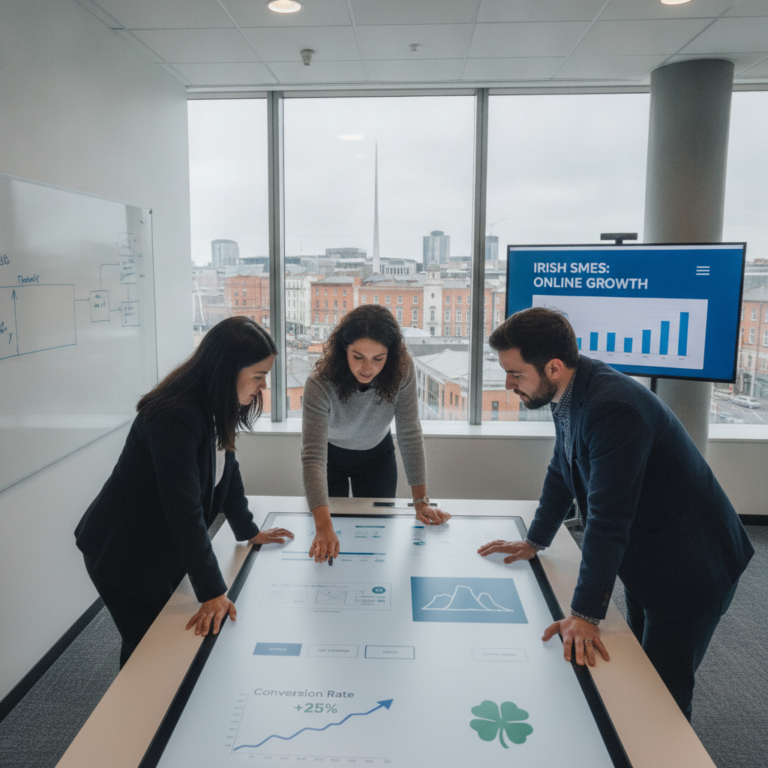 Three professionals reviewing Irish SME growth data on touchscreen table