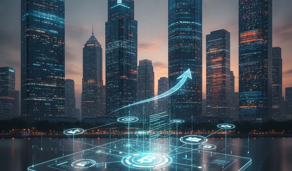 Digital finance growth interface before illuminated city skyscrapers
