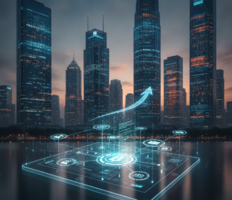 Digital finance growth interface before illuminated city skyscrapers