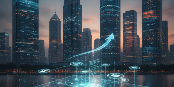 Digital finance growth interface before illuminated city skyscrapers