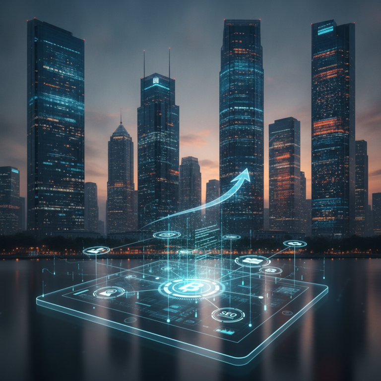 Digital finance growth interface before illuminated city skyscrapers