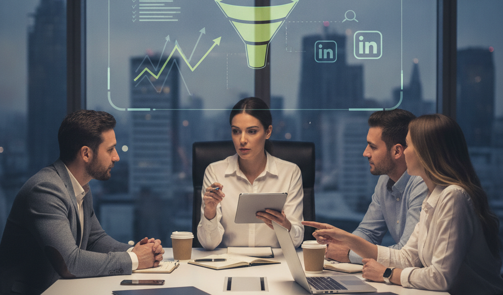 Team discussing digital marketing funnel and LinkedIn analytics