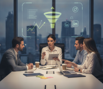 Team discussing digital marketing funnel and LinkedIn analytics