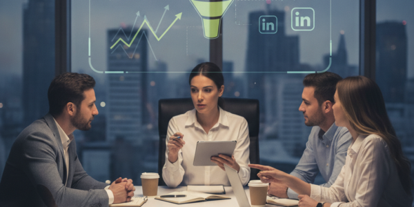 Team discussing digital marketing funnel and LinkedIn analytics