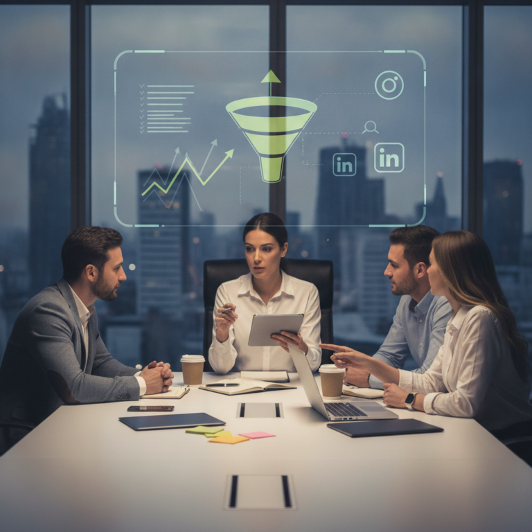 Team discussing digital marketing funnel and LinkedIn analytics
