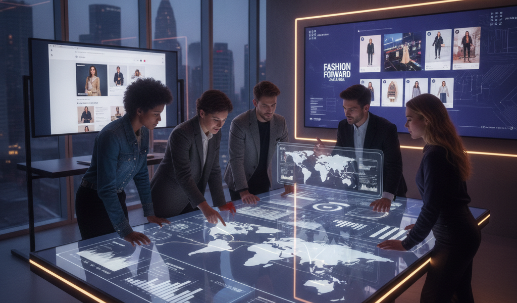 Fashion team analysing global data on interactive touchscreen table