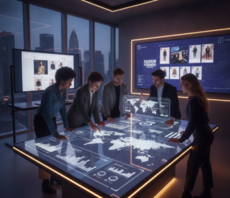 Fashion team analysing global data on interactive touchscreen table
