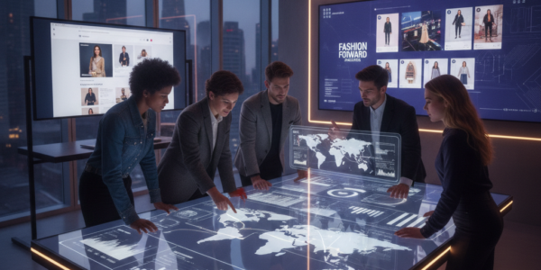 Fashion team analysing global data on interactive touchscreen table