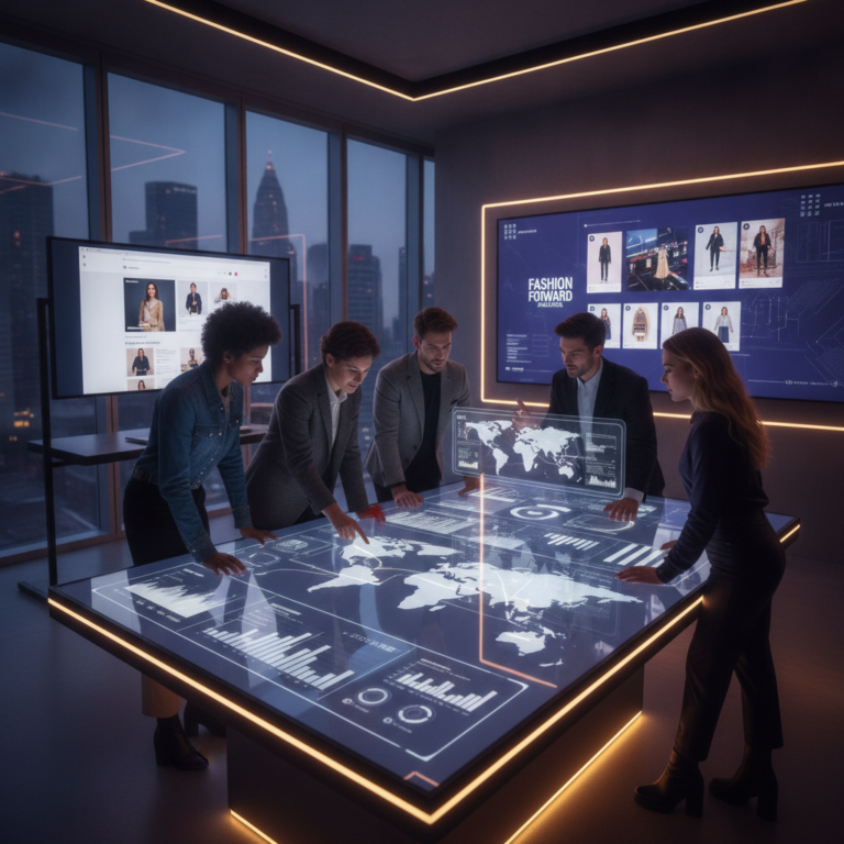 Fashion team analysing global data on interactive touchscreen table