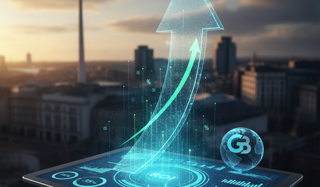 Holographic growth arrow above financial dashboard and city skyline