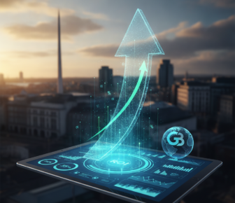 Holographic growth arrow above financial dashboard and city skyline