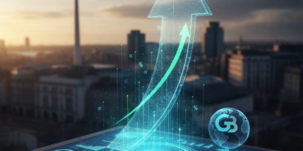 Holographic growth arrow above financial dashboard and city skyline
