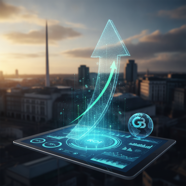 Holographic growth arrow above financial dashboard and city skyline