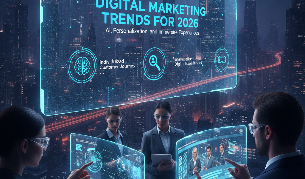 Professionals viewing digital marketing trends holographic display in city
