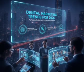 Professionals viewing digital marketing trends holographic display in city